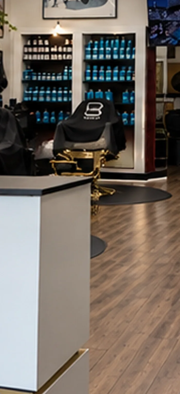 Silla de barbero junto a la vitrina de productos
