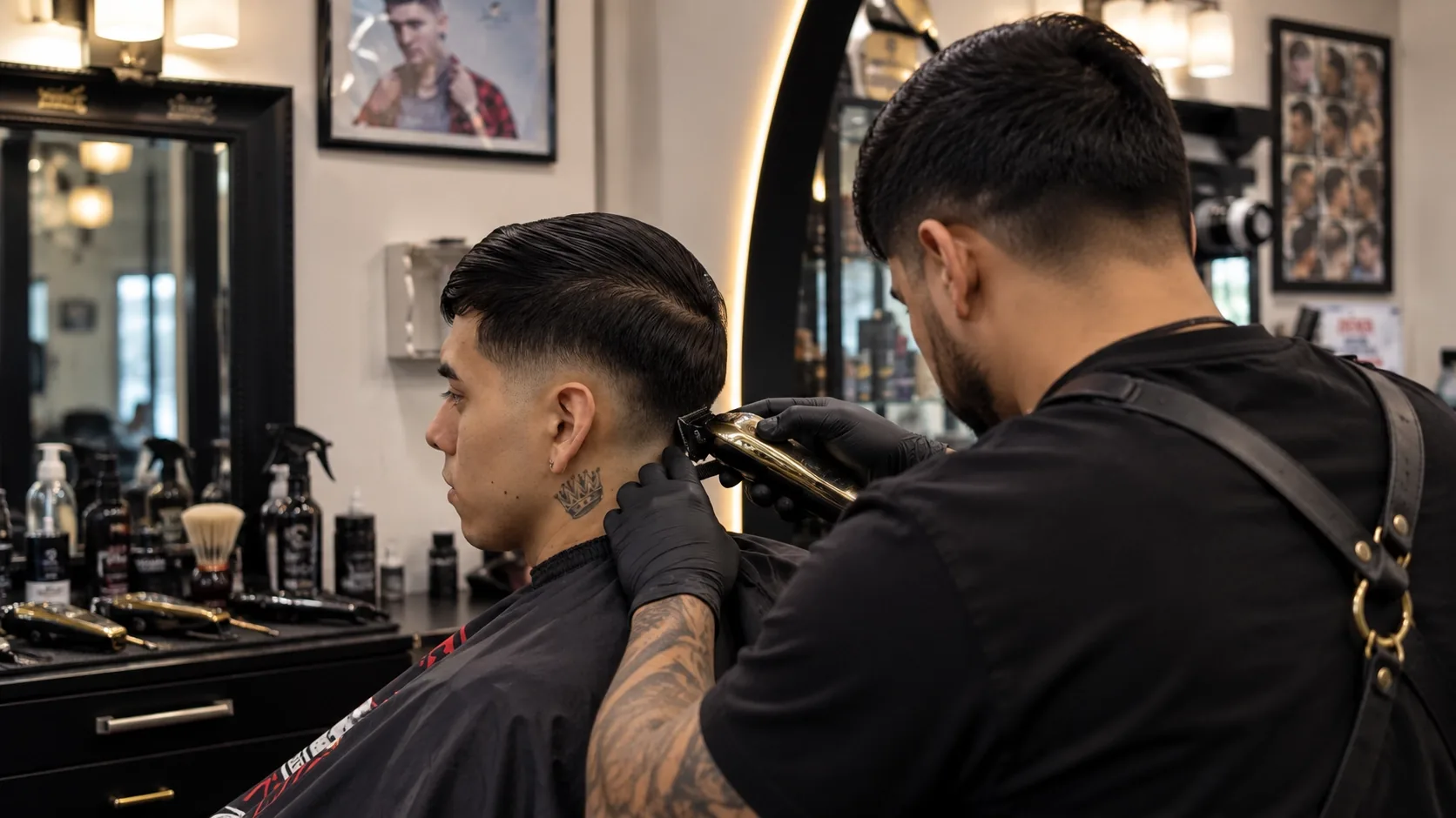 Barbero con guantes negros perfilando el corte de un cliente